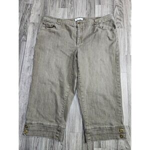 CJ Banks Capri Jeans Women 16W Khaki Brown Grey Stretch Button Hem Cropped Denim